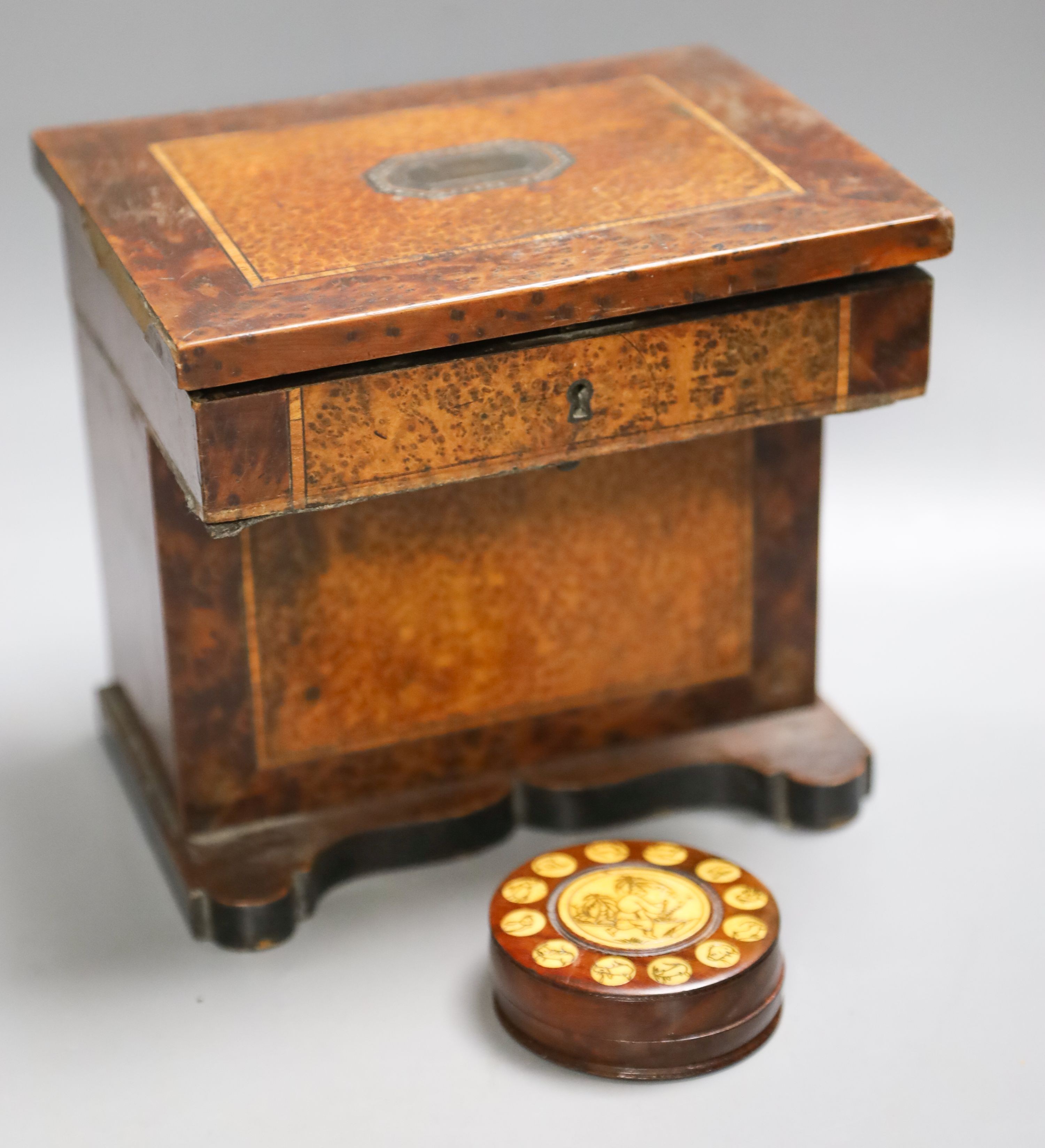 A 19th century banded burr walnut and satinwood miniature writing desk, faults, together with a Chinese fengshui hardwood compass 18cm